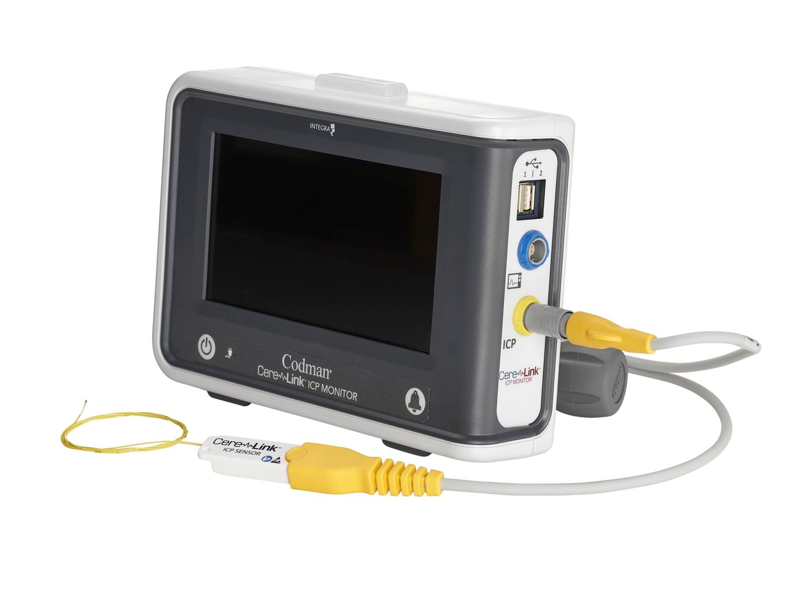 medical product photography of monitoring display device with cords on white background