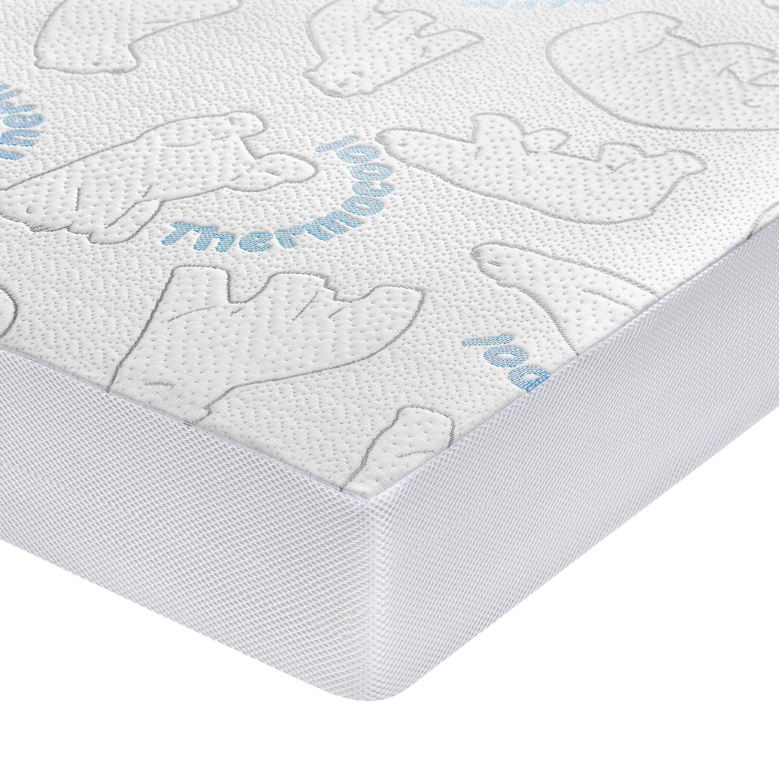 Product photography on white background of blue mattress corner closeup