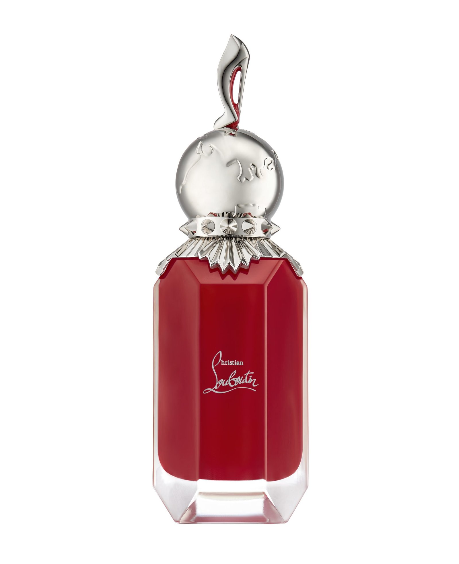 product photography on white surface of red and silver perfume bottle