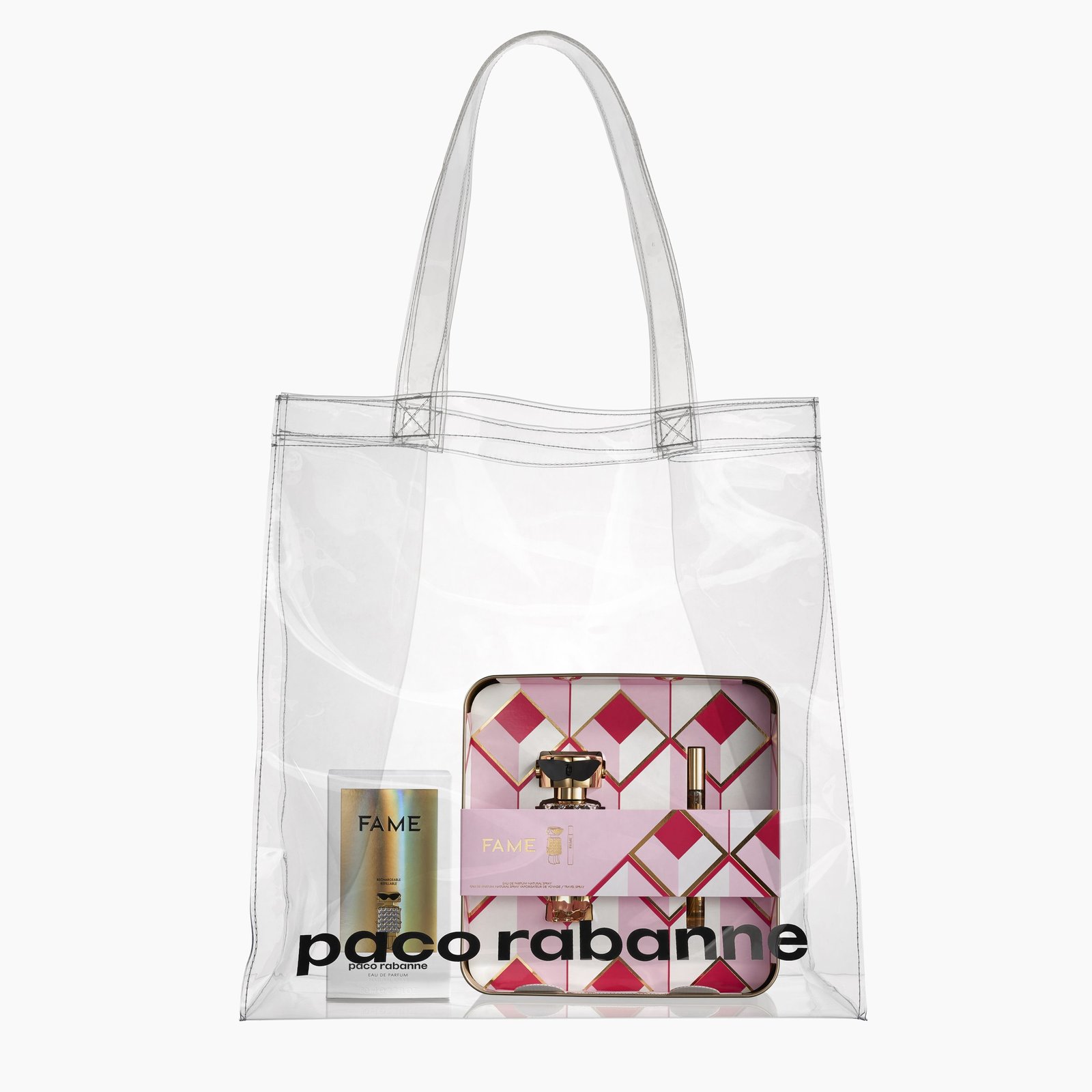 Product photography on white background of clear cosmetic bag with product in bag