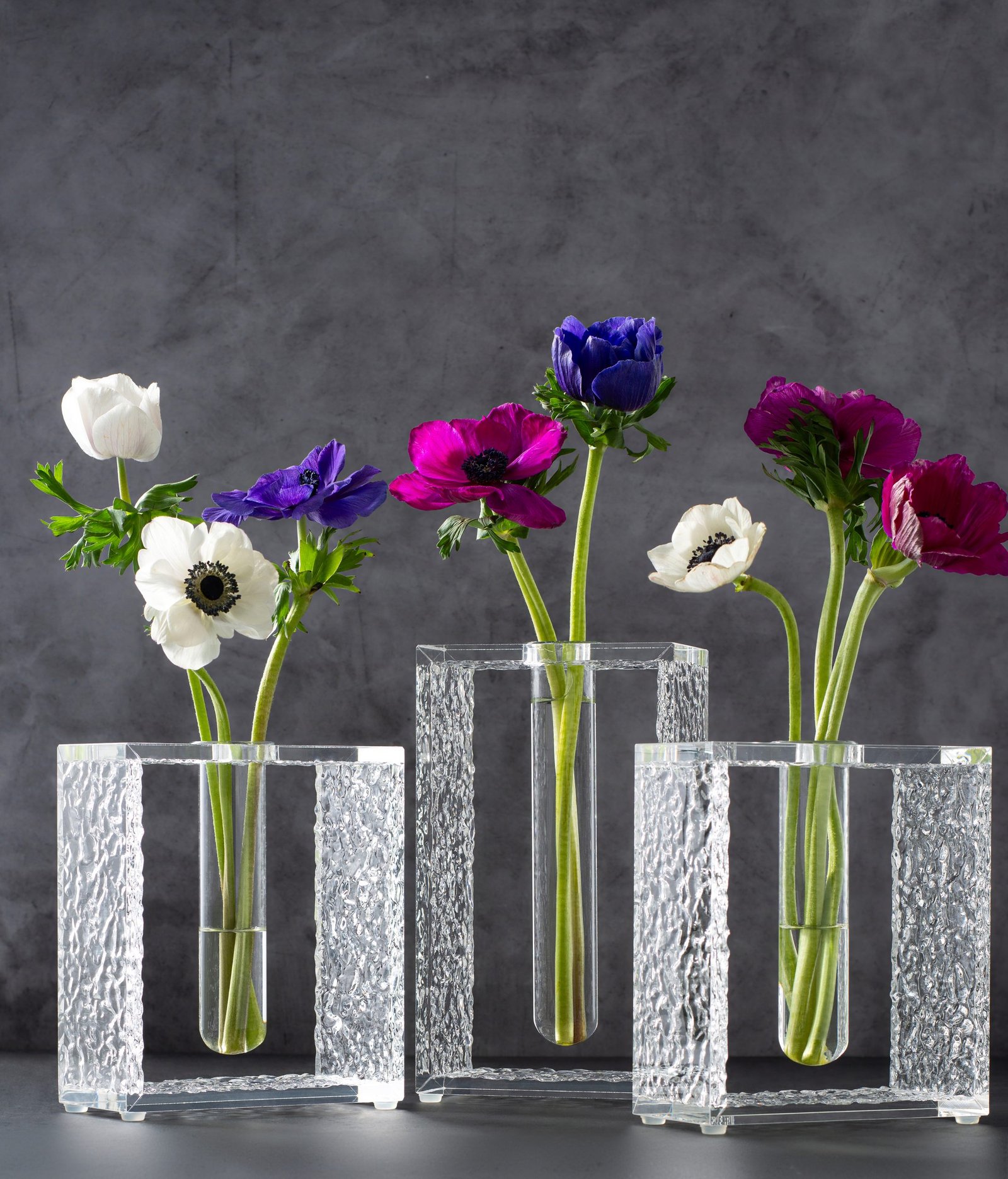 product lifestyle photography of clear etched vases with flowers on grey background