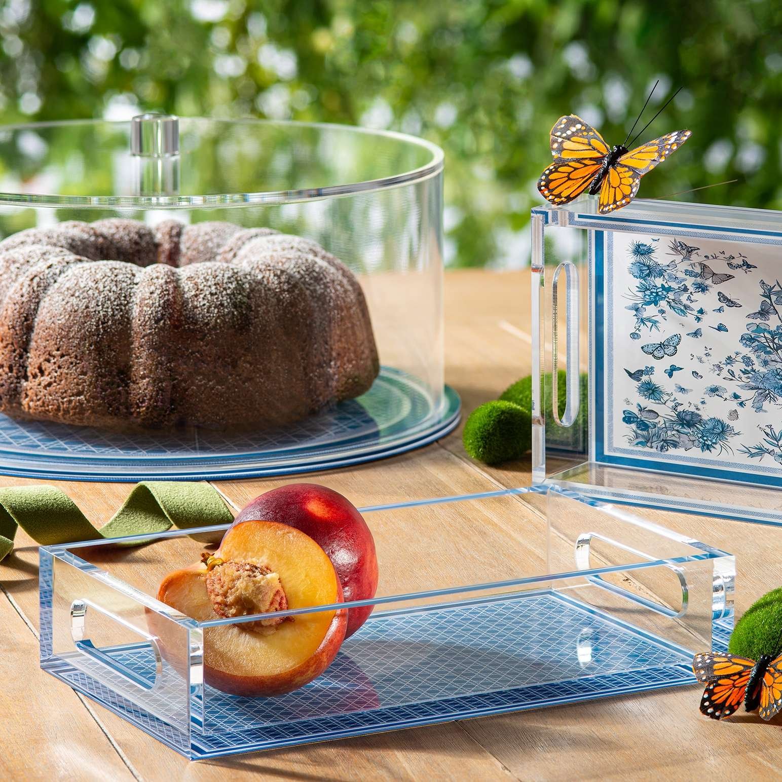 product lifestyle photography of clear acrylic trays in backyard picnic table scene with food